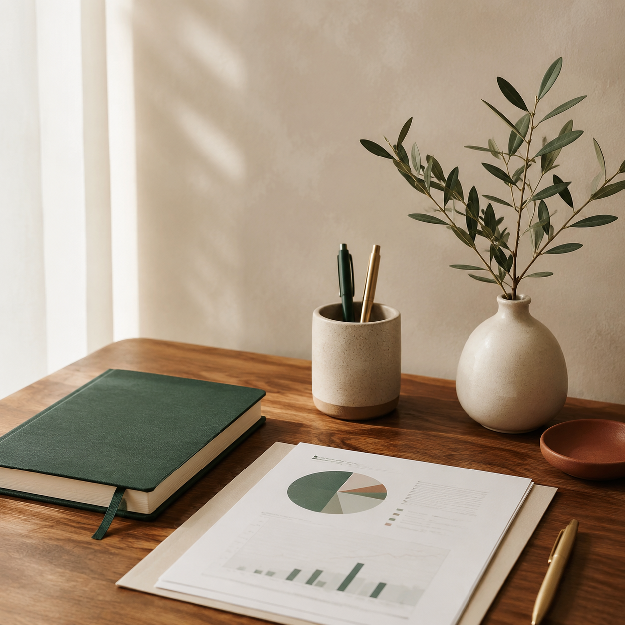 Mesa de trabalho organizada com agenda, canetas, planta e relatório com gráficos financeiros, representando a organização da Aya Contabilidade