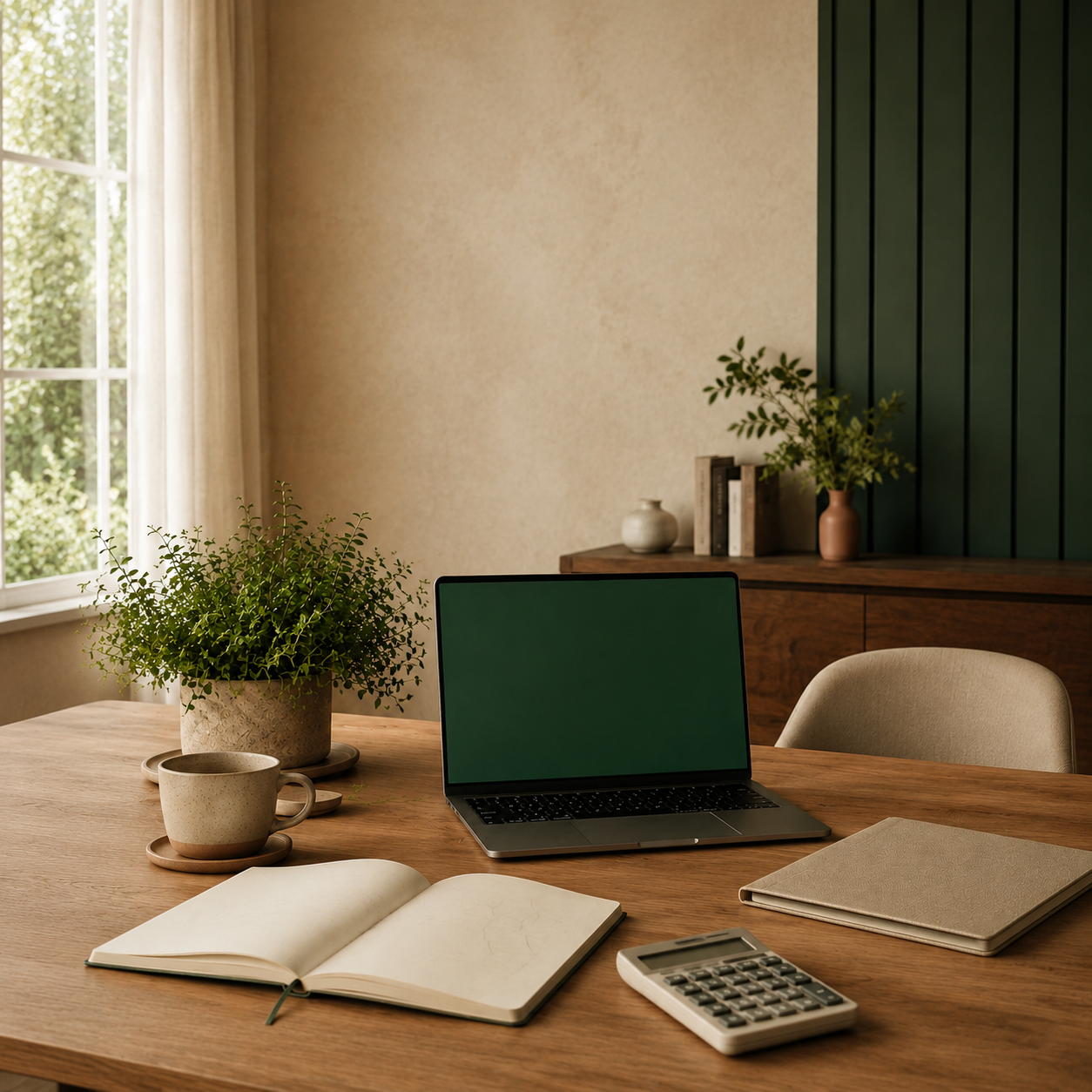 Mesa de trabalho com notebook, calculadora, agenda e plantas, representando o ambiente de trabalho da Aya Contabilidade